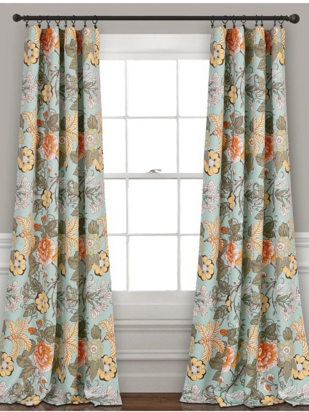 Half Moon Floral Curtain Panels Light Blue Orange Elegant Botanical Drapes